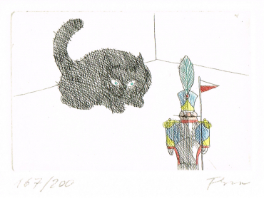Paul Flora Radierung Katze und Zinnsoldat