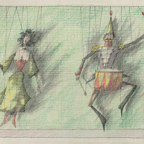 Paul Flora Postkarte Marionetten