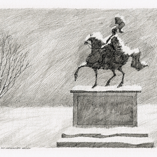 Paul Flora Postkarte Winterlandschaft mit verschneitem Helden