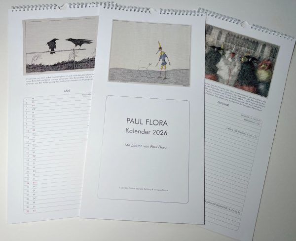 Paul Flora Kalender 2026 als Einschreibkalender mit 12 Motiven