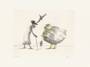 Messieur Corbeau begrüßt ein Huhn