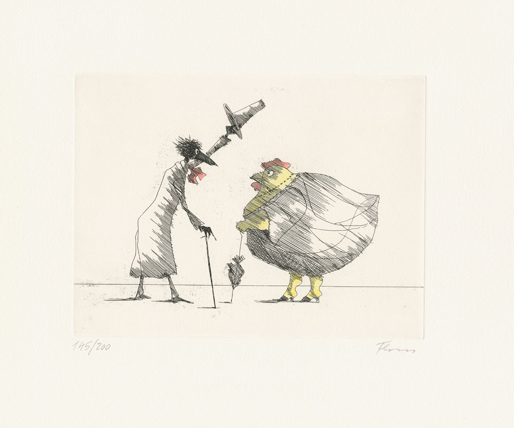 Messieur Corbeau begrüßt ein Huhn